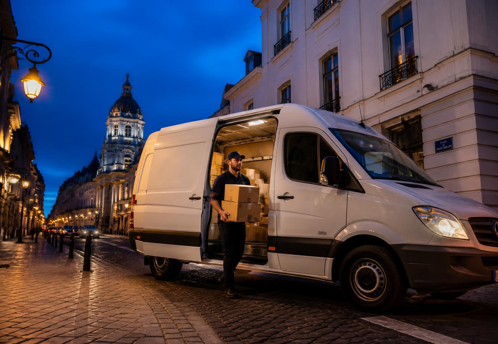 Camionnette BK12 Trans en livraison de colis en ville au crépuscule